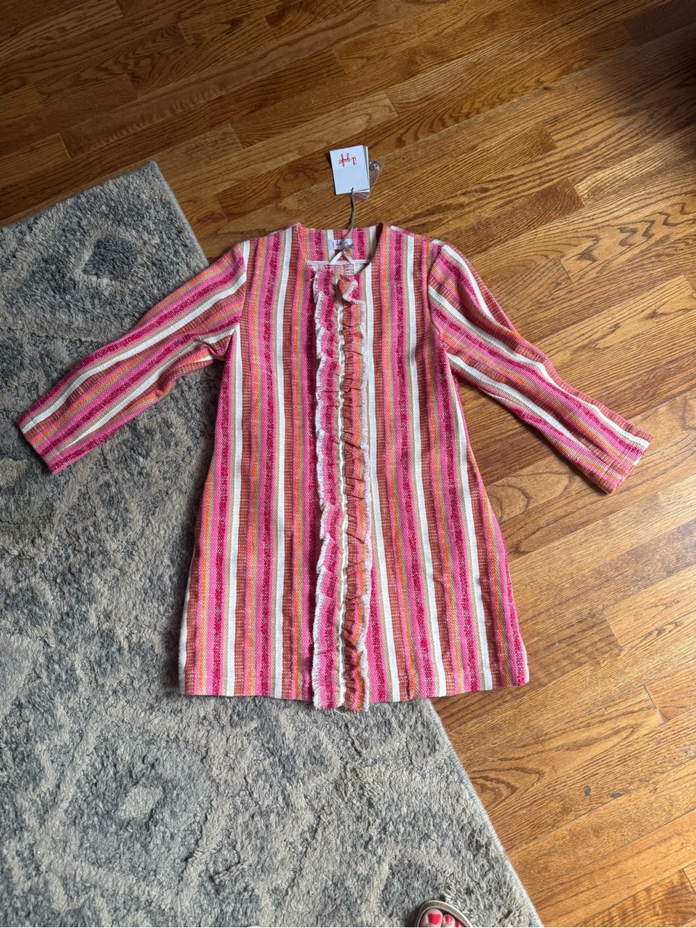 NWT Il Gufo Pink and Cream Striped Ruffle-Front Girls Coat Sz:10